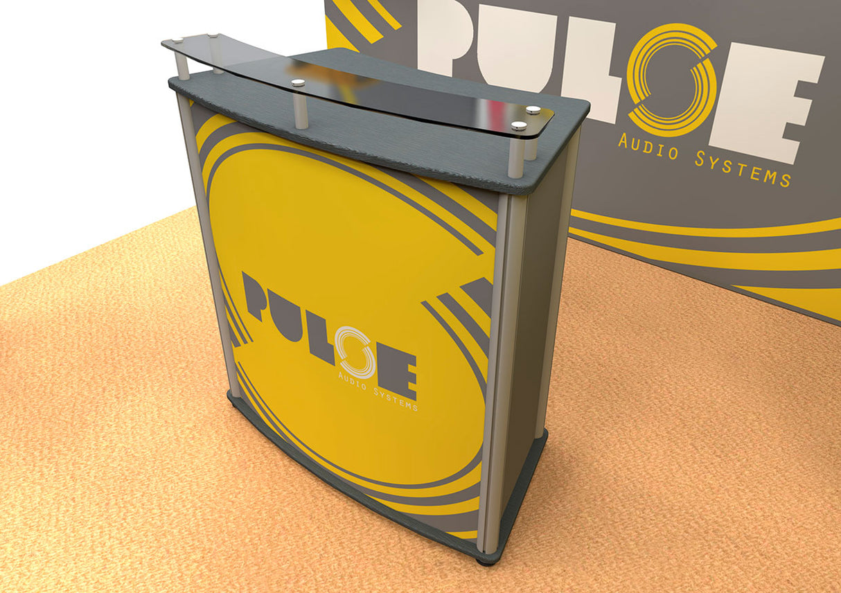 Messestand 3,5x3 m mit Regalen und Vitrine PremiumFrame R1