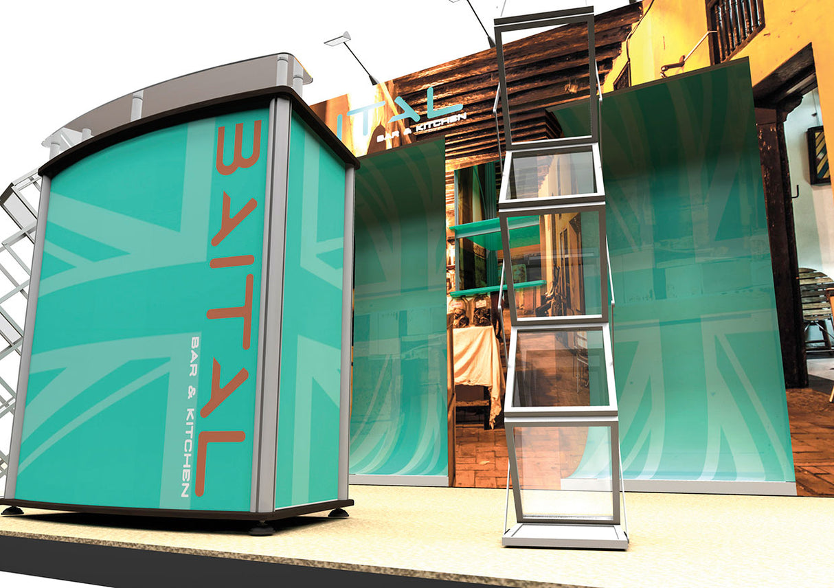 Messestand 4x3 m mit Regalen PremiumFrame B7