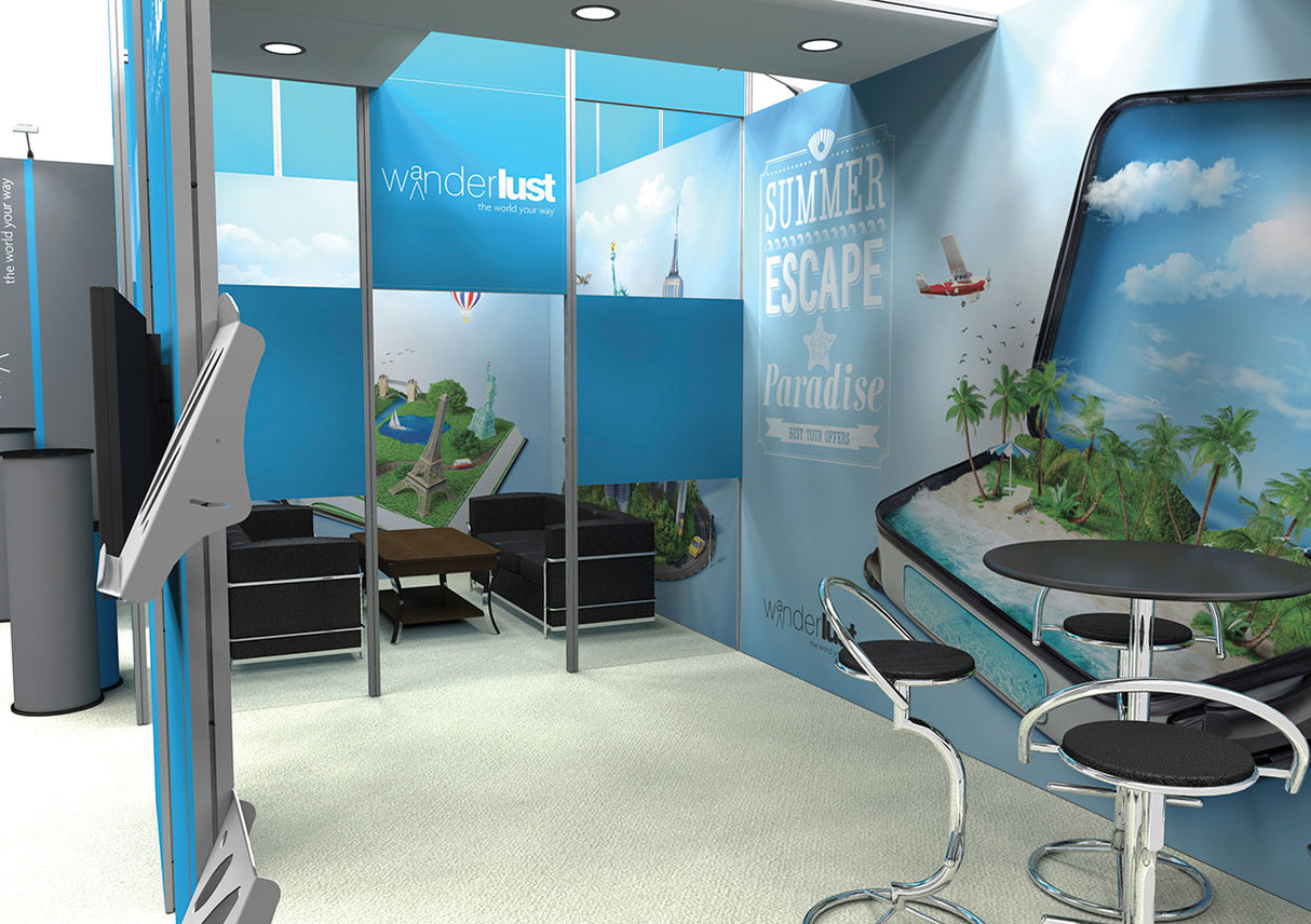 Messestand 7,5x4,5 m mit Kabine PremiumFrame D1