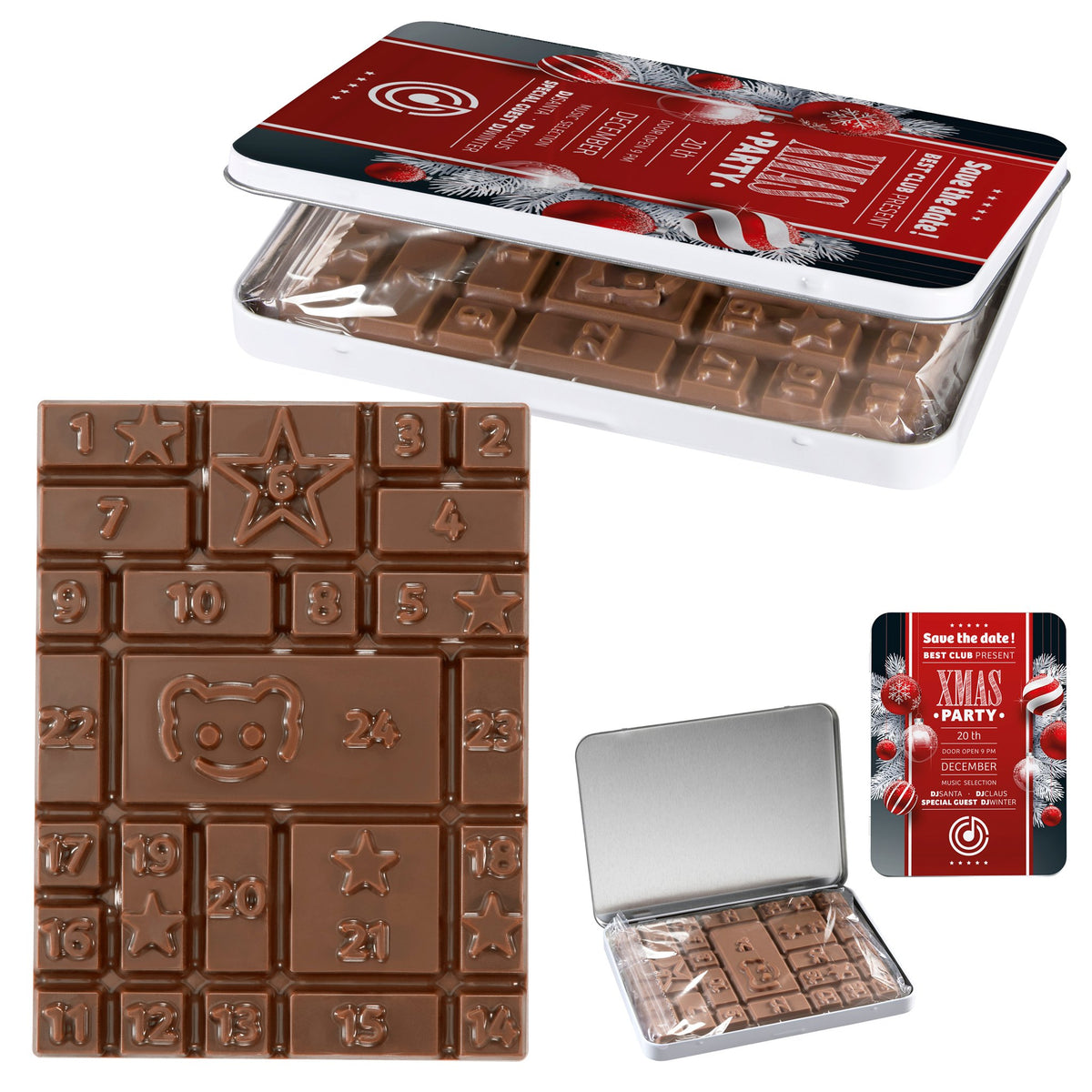 Mini-Adventskalender in Dose mit Logo – Schokoladentafel
