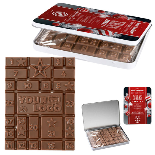 Mini-Adventskalender in Dose mit Logo-Schokotafel