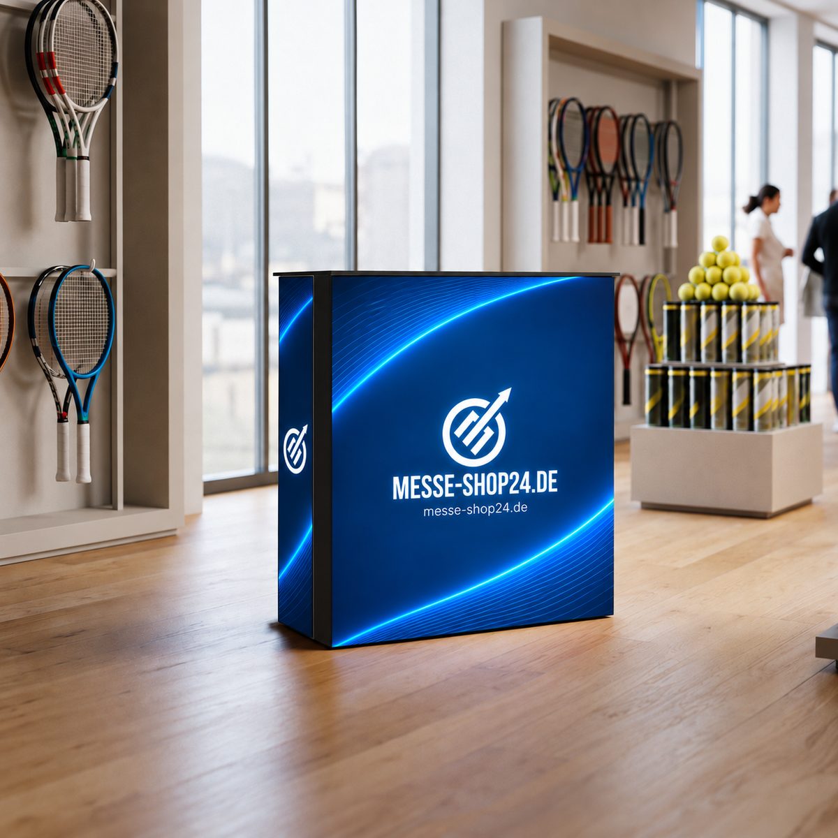 LEDUP Counter ONE BLACK mit Messe-Shop24-Branding – im Einsatz