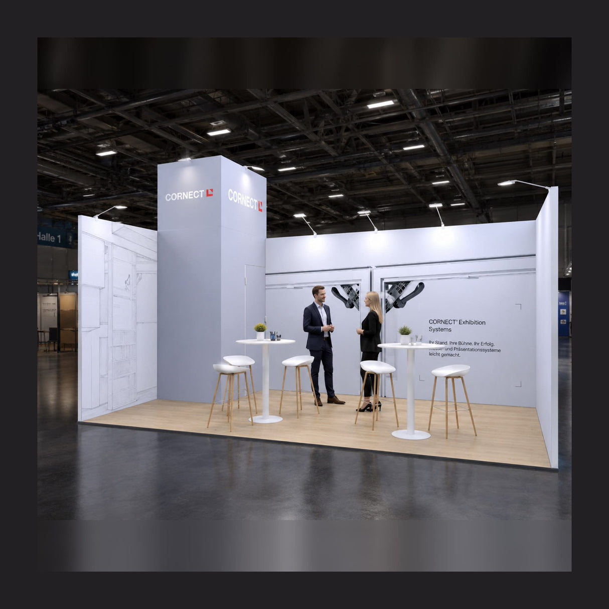 CORNECT Messepaket XL mit bedruckter Stoffbespannung auf der Messe