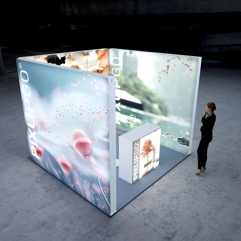 pixlip go messestand s10 3x3m kopfstand mit led messetheke