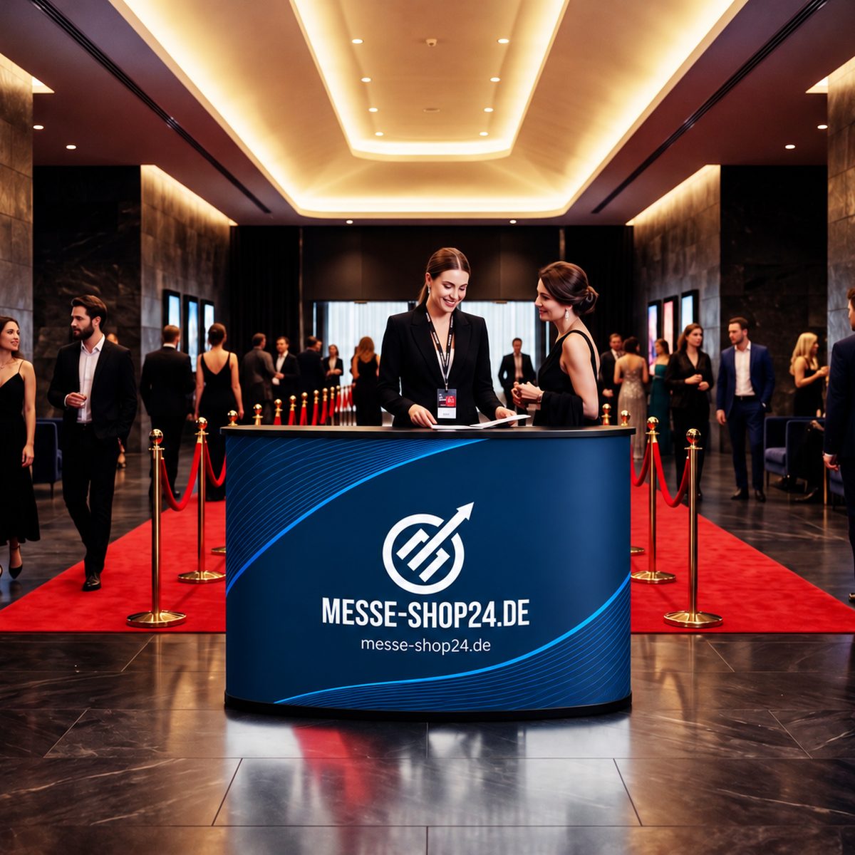 Popup Counter 2 Falttheke mit Messe-Shop24-Branding – im Einsatz
