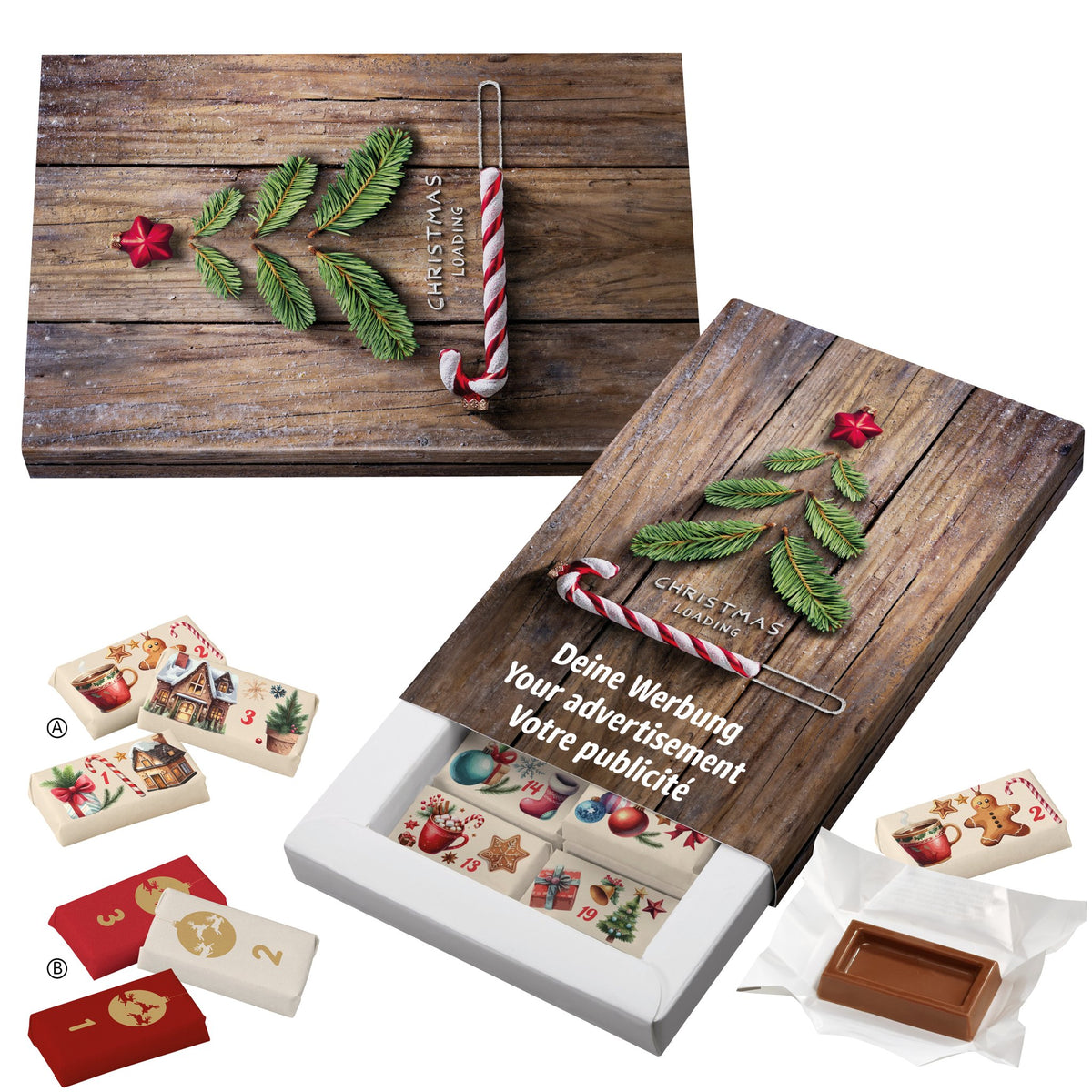 Schuber-Adventskalender mit Logo – Standardmotiv, Schoko-Naps