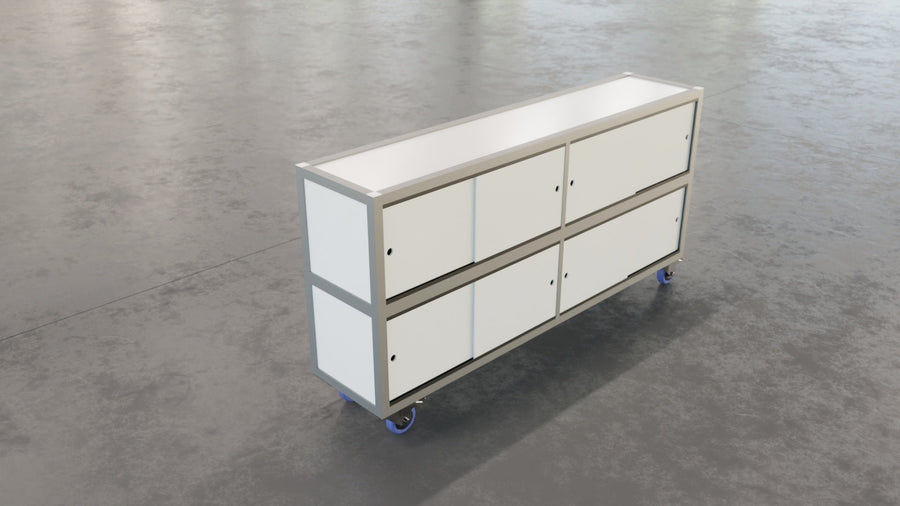 Mobiles Messe Sideboard mit Rollen, weiß, in anderen Farben und individuell bedruckt lieferbar. Sondergrößen auf Anfrage.