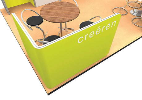 Design-Messestand 5x4 m mit Sitzecken PremiumFrame C3 – Detailansicht