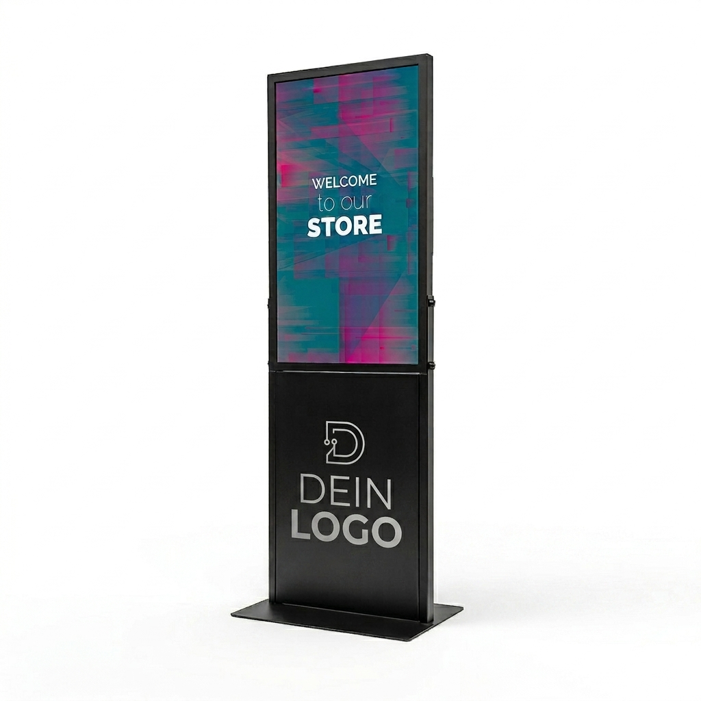 Digitale Infostele mit Logo bedruckt, mobil und im PKW transportabel, zerlegbar und ideal für Messe, Promotions, Roadshows und Events mit Branding