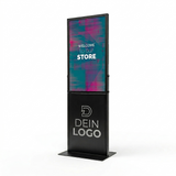 Digitale Infostele mit Logo bedruckt, mobil und im PKW transportabel, zerlegbar und ideal für Messe, Promotions, Roadshows und Events mit Branding