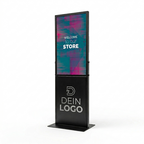 Digitale Infostele mit Logo bedruckt, mobil und im PKW transportabel, zerlegbar und ideal für Messe, Promotions, Roadshows und Events mit Branding
