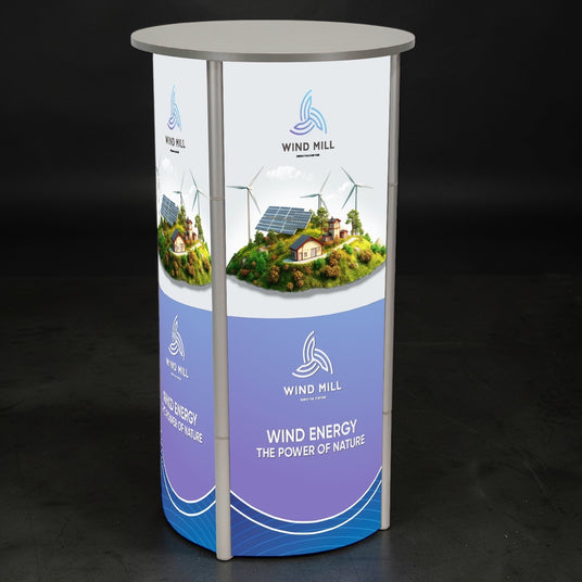 LED Counter Twist – Runde, faltbare LED‑Theke mit silberner Topplatte & Trolley (Ø 580 x 1060 mm)