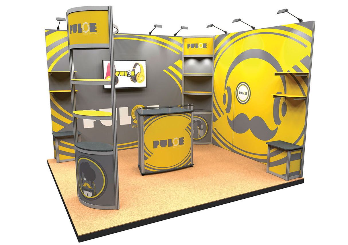 Messestand 3,5x3 m mit Regalen und Vitrine PremiumFrame R1