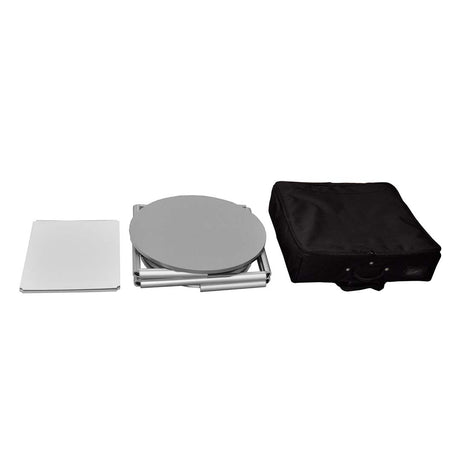 LED Counter Twist – Runde, faltbare LED‑Theke mit silberner Topplatte & Trolley (Ø 580 x 1060 mm) – Detailansicht