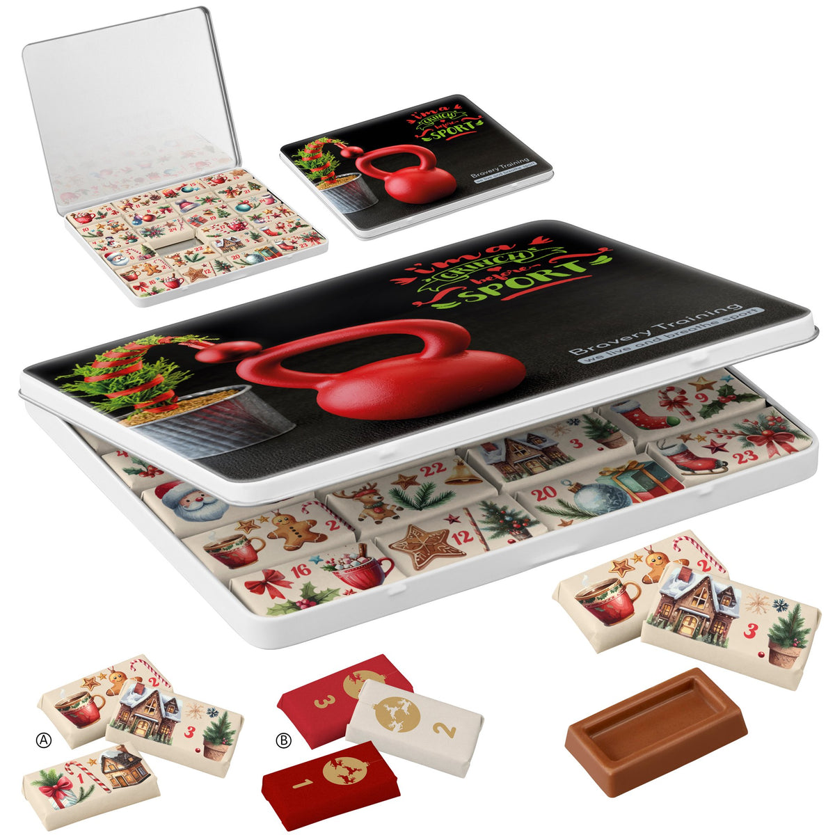Adventskalender in Dose mit Logo – MAXI, 24 Schokotäfelchen