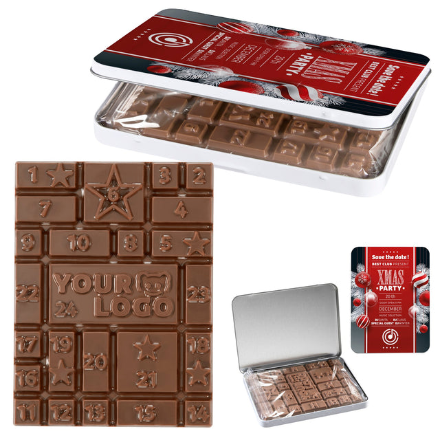 Mini-Adventskalender in Dose mit Logo-Schokotafel