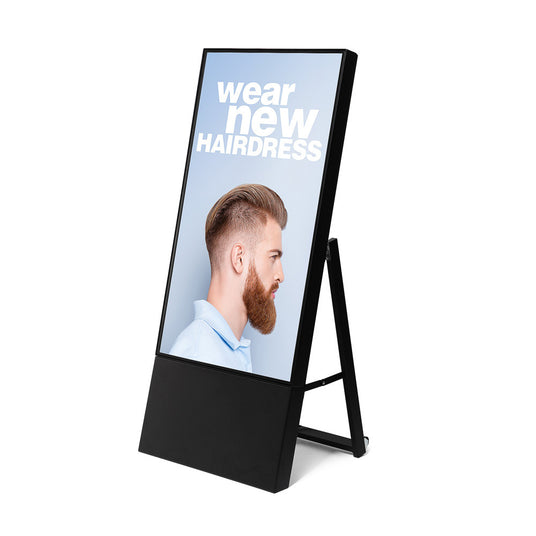 digitaler kundenstopper schwarz rahmenlos frameless, klappbar, faltbar ideal für messe, promotions, roadshows und events. Ideal als Wegeleitsystem und für Produktwerbung.