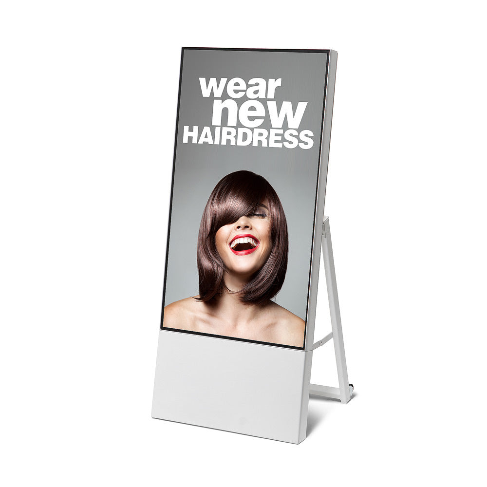 digitaler kundenstopper weiß, mobil und faltbar, zusammeklappbar mit rollen. ideal für promotions, messe, events, kongresse und infostand. Auch als digitaler Wegweiser nutzbar