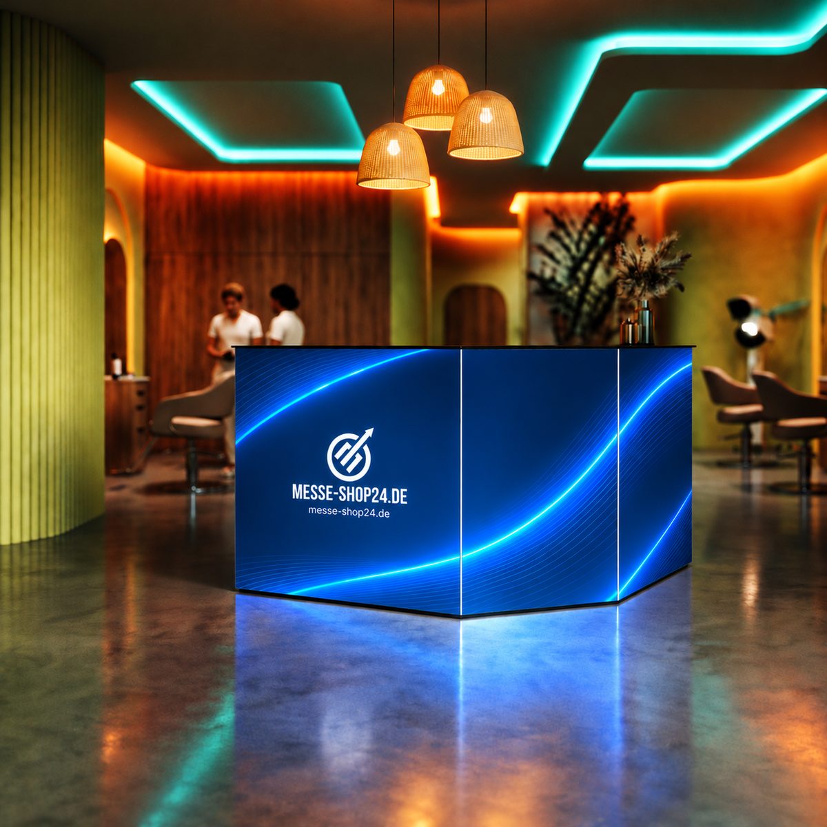 LEDUP Counter L-Theke mit Messe-Shop24-Branding – im Einsatz