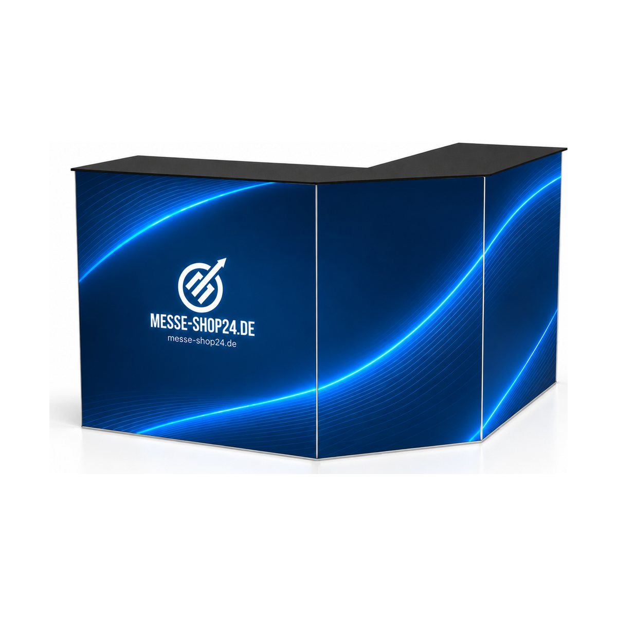 LEDUP Counter ONE Corner Eckmodul mit Messe-Shop24-Branding – freigestellt