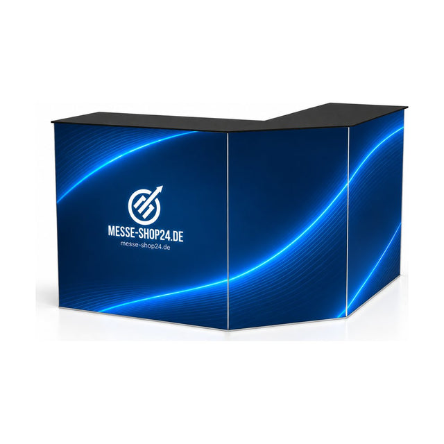 LEDUP Counter ONE Corner Eckmodul mit Messe-Shop24-Branding – freigestellt