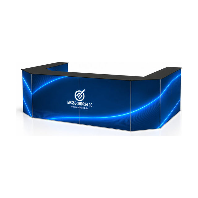 LEDUP Counter Set Carmen C-Form mit Messe-Shop24-Branding – freigestellt