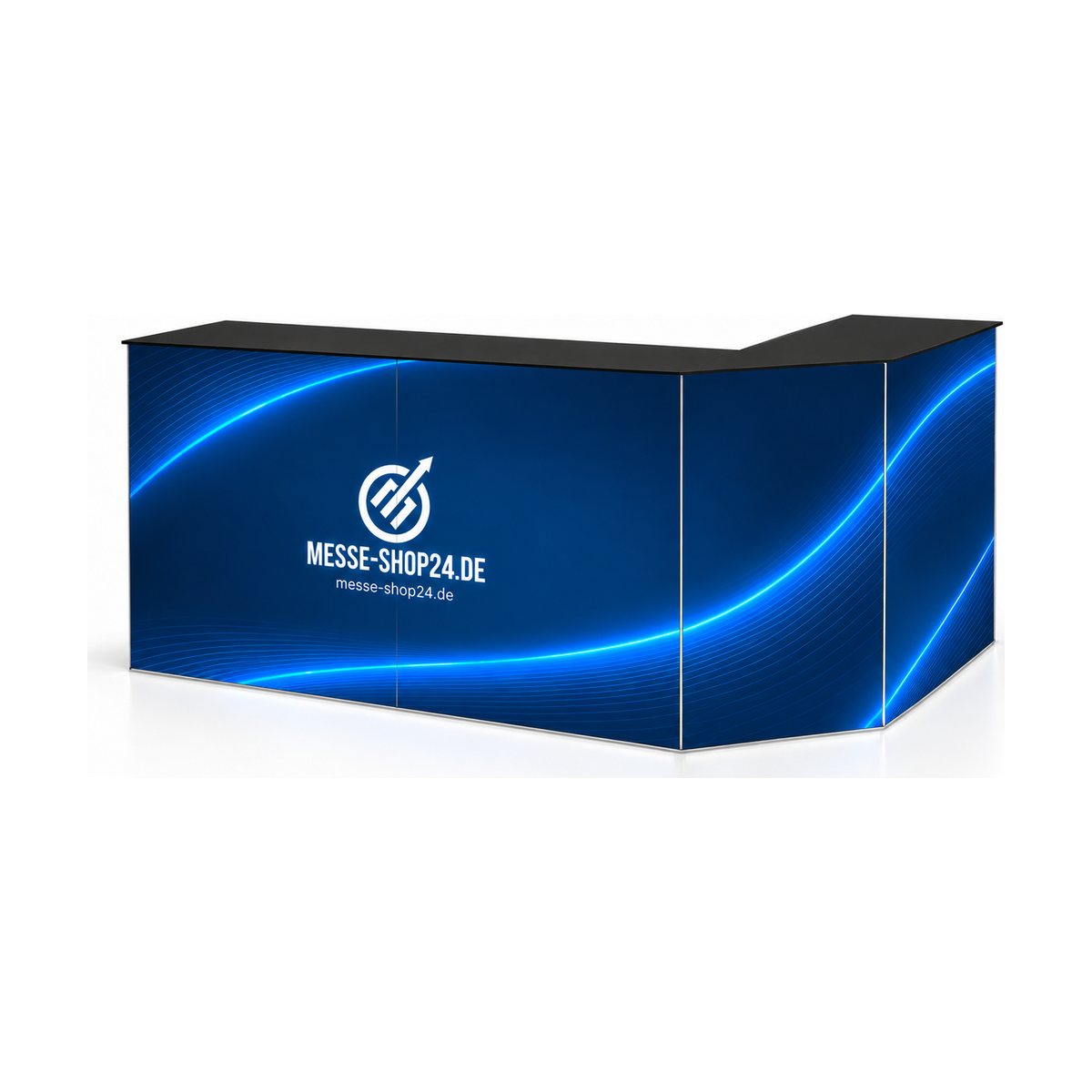 LEDUP Counter Set Lorena L-Form mit Messe-Shop24-Branding – freigestellt