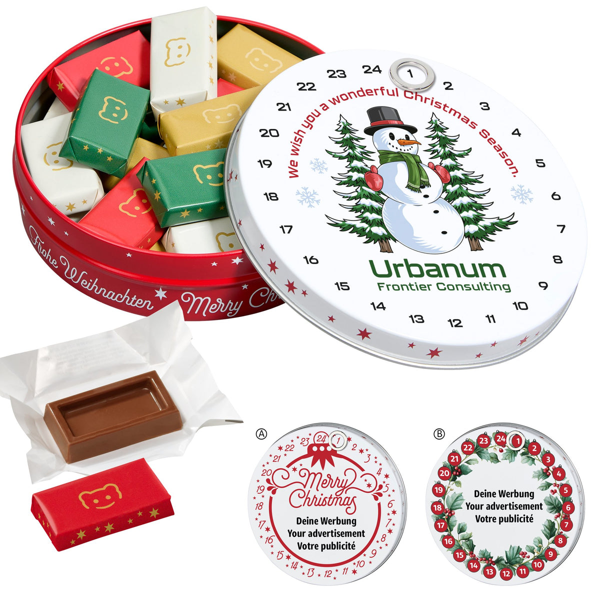 Magnetdosen-Adventskalender mit Logo – Schoko-Naps