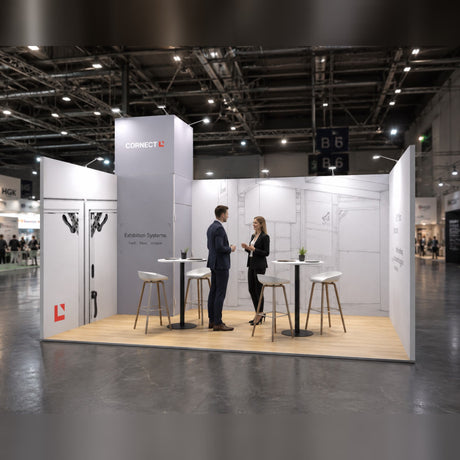 CORNECT Messepaket L: modularer Messestand mit 28 m² in der Messehalle
