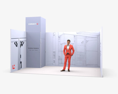 CORNECT Messepaket L: Messestand 5 × 3 m mit Turm links – Aufbauvariante 1 mit Stoffbespannung