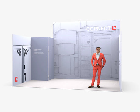 CORNECT Messepaket L: Messestand 5 × 3 m mit 3,43 m hoher Rückwand – Aufbauvariante 2 mit Stoffbespannung