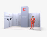 CORNECT Messepaket L: Messestand 5 × 3 m mit Turm mittig – Aufbauvariante 3 mit Stoffbespannung