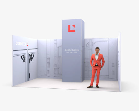 CORNECT Messepaket L: Messestand 5 × 3 m mit Turm mittig – Aufbauvariante 3 mit Stoffbespannung