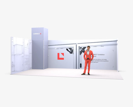 CORNECT Messepaket L: Messestand 7 × 4 m – Aufbauvariante 4 mit Stoffbespannung