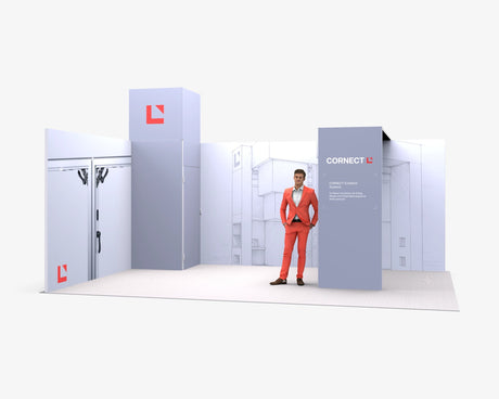 CORNECT Messepaket L: Messestand 6 × 4 m – Aufbauvariante 5 mit Stoffbespannung