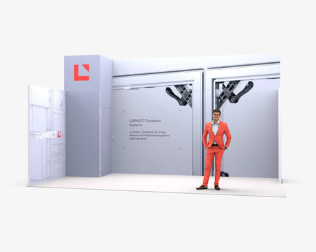 CORNECT Messepaket L: Messestand 6 × 3 m mit Turm links – Aufbauvariante 6 mit Stoffbespannung