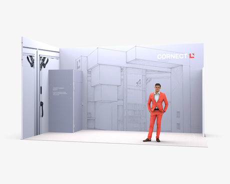 CORNECT Messepaket L: Messestand 6 × 3 m mit 3,43 m hoher Rückwand – Aufbauvariante 7 mit Stoffbespannung