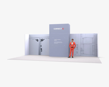 CORNECT Messepaket L: Messestand 8 × 1 m – Aufbauvariante 8 mit Stoffbespannung