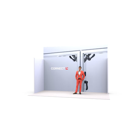 CORNECT Messepaket M: Aufbauvariante 3 des modularen Messestands auf 16 m²