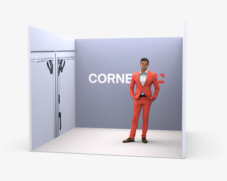 CORNECT Messepaket M: Messestand 3 × 3 m – Aufbauvariante 1 mit Stoffbespannung