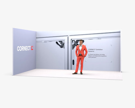 CORNECT Messepaket M: Messestand 5,5 × 3 m – Aufbauvariante 2 mit Stoffbespannung