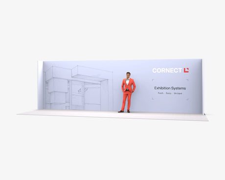 CORNECT Messepaket M: Messestand 8 × 0,5 m – Aufbauvariante 3 mit Stoffbespannung
