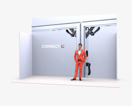 CORNECT Messepaket M: Messestand 5 × 1,5 m – Aufbauvariante 4 mit Stoffbespannung