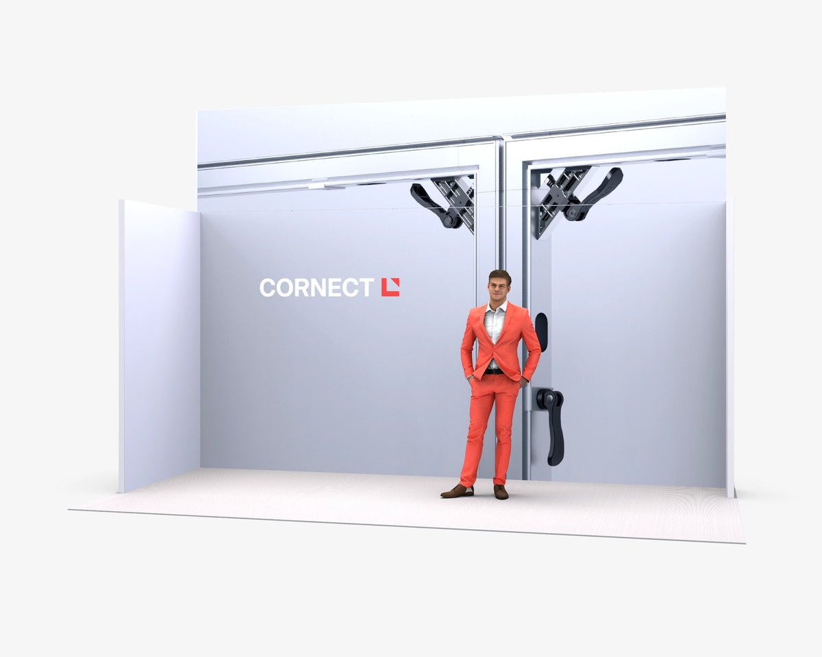CORNECT Messepaket M: Messestand 5 × 1,5 m – Aufbauvariante 4 mit Stoffbespannung