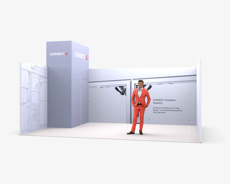 CORNECT Messepaket XL: Messestand 6 × 4 m mit Turm links – Aufbauvariante 1 mit Stoffbespannung