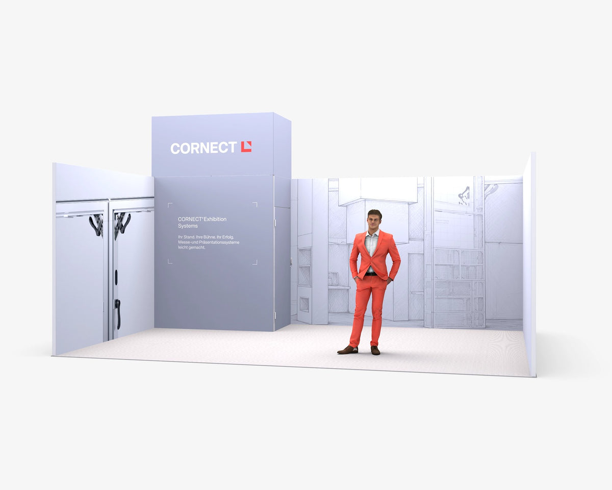 CORNECT Messepaket XL: Messestand 6 × 4 m mit Turm mittig – Aufbauvariante 2 mit Stoffbespannung