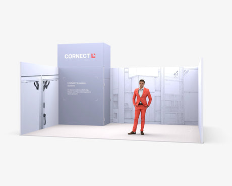 CORNECT Messepaket XL: Messestand 6 × 4 m mit Turm mittig – Aufbauvariante 2 mit Stoffbespannung