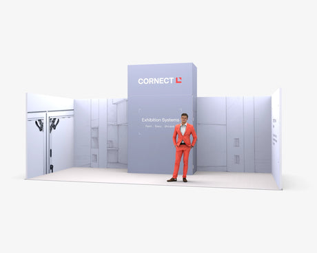CORNECT Messepaket XL: Messestand 7 × 3 m – Aufbauvariante 3 mit Stoffbespannung