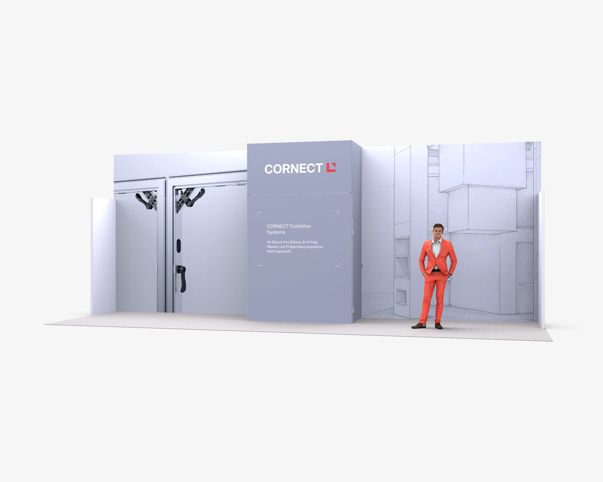 CORNECT Messepaket XL: Messestand 9 × 1 m – Aufbauvariante 5 mit Stoffbespannung