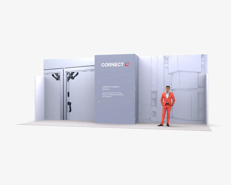 CORNECT Messepaket XL: Messestand 9 × 1 m – Aufbauvariante 5 mit Stoffbespannung